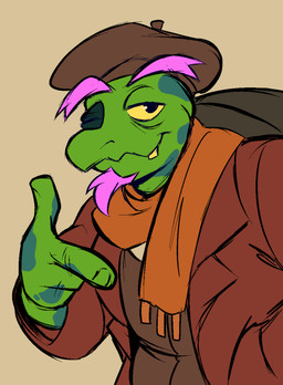 anthro beard beret brown_beret brown_clothing brown_coat brown_topwear clothed clothing coat elderly_anthro elderly_male eyebrows facial_hair finger_gun gesture green_body half-closed_eyes hand_gesture hat headgear headwear looking_at_viewer male narrowed_eyes one_eye_closed orange_scarf pink_beard pink_eyebrows pink_facial_hair scarf simple_background solo topwear mawile123 deltarune undertale_(series) gerson_boom_(deltarune) darkner reptile scalie turtle
