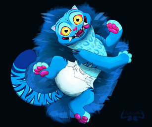 4_toes ambiguous_gender black_background blue_body blue_ears blue_fur blue_grass blue_spots blue_stripes blue_tail_tip clean_diaper clothed clothing diaper diaper_only dipstick_tail fangs feet feral fingerless_(marking) fur grass high-angle_view leopard_spots logo looking_at_viewer lying markings on_back open_mouth open_smile pawpads pink_inner_ear pink_nose pink_pawpads plant red_sclera sharp_teeth simple_background smile solo spots spotted_body spotted_fur striped_body striped_fur striped_markings striped_tail stripes tail tail_markings teeth text toeless_(marking) toes tongue tongue_out topless wearing_diaper white_diaper yellow_eyes kottocotito kpop_demon_hunters sony_corporation derpy_(kpop_demon_hunters) demon felid mammal pantherine tiger 2025 artist_logo artist_name full-length_portrait hi_res portrait