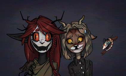 anthro antlers big_ears big_eyes female feral group hair horn long_hair male pointy_ears teeth thorns trio mary_windswift maria_(mary_windswift) sasha_(mary_windswift) vlad_(mary_windswift) aquatic arthropod cervine crustacean deer leshy mammal shrimp 2026