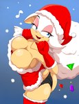 anthro big_breasts black_clothing black_underwear blue_eyes breasts butt christmas_clothing christmas_headwear cleavage clothed clothing costume emerald_(gem) eyelashes eyeshadow female gem gloves handwear hat headgear headwear holding_object holidays legwear makeup musical_note musical_symbol open_mouth open_smile santa_costume santa_dress santa_hat smile snow solo stockings symbol tail underwear zebra10045 christmas sega sonic_the_hedgehog_(series) rouge_the_bat santa_claus bat mammal hi_res