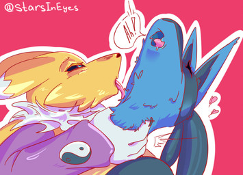anthro aroused asphyxiation black_body black_claws black_fur black_nose black_sclera blue_body blue_eyes blue_fur bodily_fluids cheek_tuft choking claws clothing countershading dominant dominant_female duo eyebrows eyelashes eyes_closed facial_markings facial_tuft fangs female fluffy fur hand_on_neck head_markings heart_symbol licking long_ears looking_at_another male markings mask_(marking) moan motion_lines neck_lick neck_tuft onomatopoeia pink_background pink_tongue purple_clothing romantic romantic_couple saliva screaming seductive simple_background size_difference sound_effects standing tan_body tan_fur teeth text tongue tongue_out tuft white_body white_countershading white_fur yellow_body yellow_fur yin_yang starsineyes bandai_namco digimon nintendo pokemon canid digimon_(species) generation_4_pokemon lucario mammal pokemon_(species) renamon artist_name colored hi_res shaded