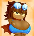 anthro areola big_breasts blush breasts bulging_breasts cleavage cleavage_overflow clothed clothing female fur gloves handwear huge_breasts looking_at_viewer non-mammal_breasts seductive simple_background smile solo slickehedge avian bird falcon falconid hi_res