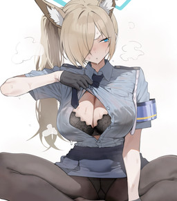 animal_ears bangs big_breasts black_bra black_clothing black_underwear blonde_hair blue_eyes blush bodily_fluids bottomwear bra breasts clothed clothing female fingers hair hair_over_eye handwear legwear long_hair looking_away open_clothing open_shirt open_topwear pantyhose shirt simple_background sitting skirt solo spread_legs spreading sweat topwear underwear white_background toma_(artist) kanna_(blue_archive) animal_humanoid canid canid_humanoid canine canine_humanoid fox_humanoid humanoid mammal mammal_humanoid absurd_res colored digital_drawing_(artwork) digital_media_(artwork) hi_res shaded