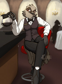 anthro black_clothing black_footwear black_shoes bottomwear bow_tie chair clothing coffee_pot collared_shirt dress_shirt female footwear furniture name_tag on_chair pants pose shirt shoes sitting sitting_on_chair sitting_on_tail socks solo topwear vest waiter waiter_suit fish_birb millie_(fish_birb) avian bird oscine passerine starling_(bird) absurd_res hi_res