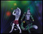 4_toes 5_fingers abs anthro arms_above_head barefoot belt biceps black_body black_border black_fur border bottomwear claws clothed clothing dancing digitigrade dipstick_tail duo ear_piercing feet fingers fishnet_clothing fur glowstick green_body green_fur green_hair green_nipples green_stripes hair laser long_tail male male/male mane markings multicolored_body multicolored_fur multicolored_tail multiple_piercings muscular muscular_male nightclub nipple_piercing nipples one_eye_closed pecs piercing rave shorts smile stripes tail tail_markings text toe_claws toes white_body white_fur white_mane white_tail_tip wink johnfreak kyro_rave saifer_lion bear felid hybrid lion mammal pantherine tiger digital_media_(artwork) url