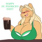 alcohol anthro beer beverage big_breasts blush bra bra_peek breasts cleavage clothed clothing female green_bra green_clothing green_shirt green_tank_top green_topwear green_underwear holidays huge_breasts shirt solo tank_top topwear underwear white_bra white_clothing white_underwear jwinkz st._patrick's_day amara_(jwinkz) bear mammal hi_res