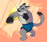 3_toes 4_fingers anthro bottomwear boxing_shorts clothing feet fingers grey_body humanoid_hands male punch shorts simple_background solo toes genottr brok_the_investigator cowcat_games graff_filsh domestic_cat felid feline felis mammal 2023 absurd_res full-length_portrait hi_res portrait