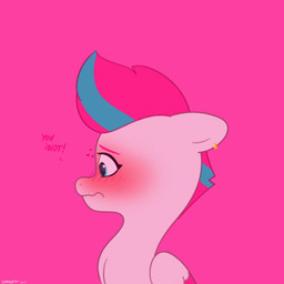 blue_eyes blue_mane blush blushing_profusely closed_frown dialogue ear_piercing ear_ring eyebrows eyelashes feathered_wings feathers female female_feral feral frown fur gold_(metal) gold_ear_ring heart_symbol insult insulting_viewer mane mouth_closed multicolored_mane piercing pink_background pink_eyebrows pink_mane pink_wings princess ring_piercing royalty short_mane side_view simple_background solo text two_tone_mane two_tone_wings white_body white_fur white_wings wings starburst_uwu hasbro mlp_g5 my_little_pony mythology zipp_storm_(mlp) equid equine mammal mythological_creature mythological_equine pegasus 1:1 2024 absurd_res artist_name bust_portrait digital_drawing_(artwork) digital_media_(artwork) english_description english_text flat_colors hi_res portrait