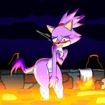 accessory anthro blush burning caught covering covering_self dipstick_tail dripping_lava embarrassed female flat_chested forehead_gem fur gem genitals hair_accessory lava lava_bath markings multicolored_body multicolored_fur nipples nude purple_body purple_fur pussy skinny_dipping solo tail tail_markings towel volcano white_body white_fur yellow_eyes bell-thing ambient_among_us sega sonic_the_hedgehog_(series) blaze_the_cat domestic_cat felid feline felis mammal 1:1 hi_res