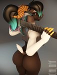 anthro bedroom_eyes black_hair bottomless bottomless_anthro bottomless_female brown_body brown_ears brown_fur brown_inner_ear butt clothed clothing electric_guitar female female_anthro freckled_butt freckled_face freckled_legs freckles fur green_eyes green_hair grey_background guitar hair hooves horn long_ears looking_at_viewer looking_back mostly_nude multicolored_body multicolored_ears multicolored_fur multicolored_hair multicolored_tail musical_instrument narrowed_eyes nude plucked_string_instrument ponytail seductive shirt simple_background smile solo string_instrument tail tank_top text topwear unguligrade white_body white_ears white_fur white_inner_ear white_tail yellow_body yellow_fingers loaf3d warfaremachine_(modeler) kara_(daloaf) warfare_goat bovid caprine goat mammal 2021 3d_(artwork) digital_media_(artwork) english_text hi_res signature