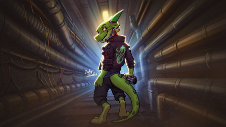 3_toes 4_fingers anthro barefoot biped blocky_snout bottomwear cable claws clothed clothed_anthro clothing countershade_feet countershade_jaw countershading cybernetics cyberpunk detailed_background digitigrade eyebrows feet fingers furgonomics green_body holding_object horn inside jacket light looking_at_viewer machine male pants plumbing_pipe pose railway_track smile smirk snout solo standing tail tail_ridge text three-quarter_view toe_claws toes topwear yellow_eyes inky_scales kobold scalie 16:9 2025 4k absurd_res artist_name digital_drawing_(artwork) digital_media_(artwork) full-length_portrait hi_res lighting portrait shaded widescreen