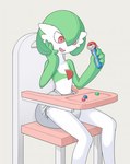 ageplay clean_diaper clothed clothing diaper diaper_only exposed_diaper female hand_on_cheek high_chair holding_object infantilism looking_at_object looking_down one_eye_obstructed pokeblock pokeblock_case red_eyes roleplay simple_background sitting solo topless wearing_diaper octojo nintendo pokemon gardevoir generation_3_pokemon humanoid pokemon_(species) hi_res