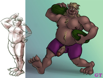anthro belly big_penis blonde_hair food fruit genitals gesture glans hair male melon nipples overweight overweight_male penis plant salute solo walking watermelon gtskunkrat bear mammal hi_res