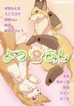 age_restriction ambiguous_gender black_nose blush duo feral fog fur kemono lying on_back open_mouth orange_body orange_eyes orange_fur pawpads paws purple_eyes snout text yellow_body yellow_fur unknown_artist fur-st canid canine fox mammal cover cover_art cover_page japanese_text translated