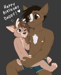 anthro birthday black_hair blep blue_clothing blue_underwear boxer_briefs clothing dialogue duo flaccid foreskin genitals grey_background hair looking_at_another looking_at_partner male male/male nipples on_lap one_eye_closed penis petting simple_background sitting sitting_on_lap smile text tongue tongue_out underwear young young_anthro lylejones elisquita lyle_jones deer equid equine horse mammal absurd_res colored english_text hi_res