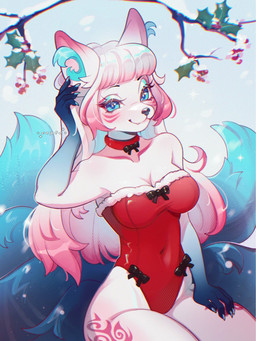 5_fingers 6_tails anthro bangs black_eyebrows black_nose blue_eyelids blue_eyes blue_markings breasts choker claws clothing collarbone cute_fangs eyebrows eyelashes fangs female fingers hair inner_ear_fluff jewelry leotard long_hair looking_at_viewer markings medium_breasts multi_tail multicolored_hair necklace outside pink_hair plant pose red_choker red_clothing red_jewelry red_leotard red_markings red_necklace sitting smile snow snowing solo tail teeth tuft two_tone_hair white_body white_hair cepto_(artist) canid canine fox mammal 3:4 hi_res