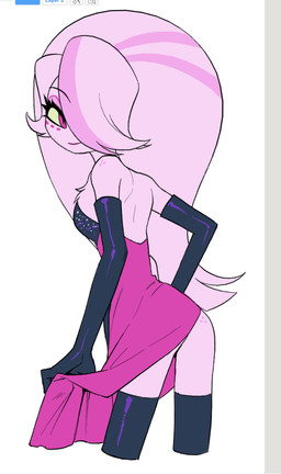 4_arms butt cartoon_freckles clothed clothing drag_queen dress eyelashes eyeshadow female freckled_butt freckled_shoulders freckles hair hair_over_eye long_eyelashes makeup multi_arm multi_limb pink_eyeshadow simple_background solo white_background wig enaic31 hazbin_hotel hellaverse angel_dust arachnid arthropod demon humanoid spider hi_res