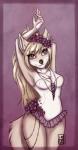2016 anthro blonde_hair canid canine clothing corset felidre_(artist) female flower fox fur hair hi_res jewelry lingerie long_hair looking_at_viewer mammal necklace plant purple_eyes simple_background smile solo topwear white_body white_fur