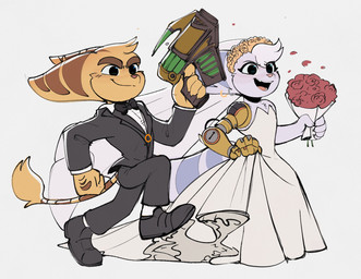 anthro black_tie_(suit) bouquet clothed clothed_anthro clothed_female clothed_male clothing cybernetic_arm cybernetic_limb dress duo ear_piercing ear_ring female fluffy fluffy_tail footwear fur gun hair handgun male markings open_mouth piercing pink_nose pistol ranged_weapon ring_(marking) ring_piercing ringed_tail shoes striped_markings striped_tail stripes suit tail tail_markings tail_tuft thin_tail tuft weapon wedding_dress white_body white_fur white_hair yellow_body yellow_fur time_fluffy500 ratchet_and_clank sony_corporation sony_interactive_entertainment ratchet_(ratchet_and_clank) rivet_(ratchet_and_clank) lombax mammal hi_res