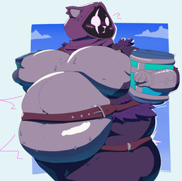 abstract_background anthro belly belt big_belly breasts embarrassed featureless_breasts female huge_belly hyper hyper_belly multicolored_body navel obese obese_anthro obese_female overweight overweight_anthro overweight_female purple_body slurp_juice solo thick_thighs two_tone_body 6saw789 epic_games fortnite raven_team_leader bear mammal 2025 absurd_res digital_drawing_(artwork) digital_media_(artwork) hi_res shaded signature