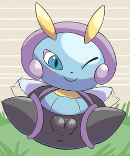 antennae_(anatomy) anthro anus black_body black_nose blue_body blue_eyes blush blush_stickers closed_smile female female_anthro flapping_wings genitals glistening glistening_eyes glistening_genitalia glistening_vulva grass looking_at_viewer motion_lines mouth_closed multicolored_body nude nude_anthro nude_female one_eye_closed plant plump_labia presenting presenting_vulva purple_body small_nose smile smiling_at_viewer solo spread_legs spreading vulva wings wink winking_at_viewer x_anus yellow_body mincheeto nintendo pokemon arthropod generation_3_pokemon illumise pokemon_(species) 2026 digital_media_(artwork) hi_res