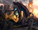 anthro anthro_on_anthro city city_background destruction duo dutch_angle eyes_closed female female/female fire flaming_tail horn looking_pleasured lying macro membrane_(anatomy) membranous_wings multicolored_body nude on_back open_mouth outside ruins smile straddling tail tongue tongue_out two_tone_body wings yellow_body yellow_eyes apohorse mythology nintendo pokemon chari-gal charizard dragon generation_1_pokemon mythological_creature mythological_scalie pokemon_(species) scalie 2021