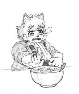 anthro bodily_fluids bolo_tie bowl clothing container crying food male overalls overweight salad solo tears young wolf85315034 cyberconnect2 fuga:_melodies_of_steel little_tail_bronx boron_brioche domestic_cat felid feline felineko felis mammal monochrome traditional_media_(artwork)