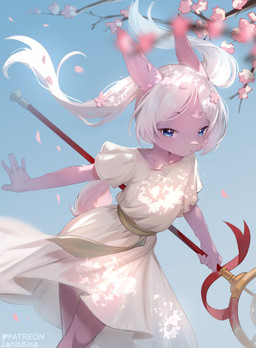 4_fingers accessory anthro blue_eyes blue_sky breasts cherry_blossom clothing cosplay dappled_light dress ears_back falling_petals female fingers flower flower_in_hair forehead fur gradient_background hair hair_accessory kemono lidded_eyes petals petite_female pink_body pink_fur pivoted_ears plant prunus_(flower) ribbons sash short_tail simple_background sky slim small_breasts solo staff tail text twintails_(hairstyle) white_clothing white_dress white_hair janiskisa frieren_beyond_journey's_end frieren humanoid lagomorph leporid mammal rabbit 2026 absurd_res artist_name hi_res