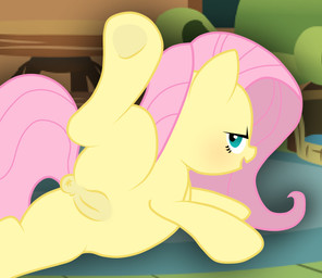 anus bedroom_eyes blush female feral fur genitals looking_at_viewer looking_back looking_back_at_viewer lying mane mischievous_smile narrowed_eyes on_ground on_model on_side open_mouth pink_mane puffy_anus raised_leg seductive smile solo tail vulva yellow_body yellow_fur maseru friendship_is_magic hasbro my_little_pony fluttershy_(mlp) equid equine horse mammal pony 2026 absurd_res digital_drawing_(artwork) digital_media_(artwork) hi_res