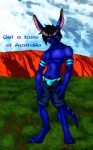 anthro blue_body blue_fur bottomwear bulge clothed clothing cloud forest fur landmark male outside pants plant sky solo tail text tree uluru underwear wood ishiga-san real_world novalus kangaroo macropod mammal marsupial english_text