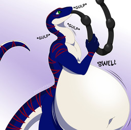 4_fingers anthro belly big_belly blue_body deep_navel fingers holding_object huge_belly inflation male multicolored_body navel solo standing tail tube_in_mouth fondoffrogs reptile scalie snake absurd_res hi_res shaded