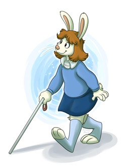 anthro blind bottomwear brown_hair cane clothed clothing disability female footwear fully_clothed fur hair looking_up no_irises short_tail simple_background skirt socks solo sweater tail toeless_footwear toeless_socks topwear walking walking_stick white_body white_cane white_fur young young_anthro young_female orlandofox arthur_(series) marina_datillo lagomorph leporid mammal rabbit 2019 digital_media_(artwork) hi_res signature