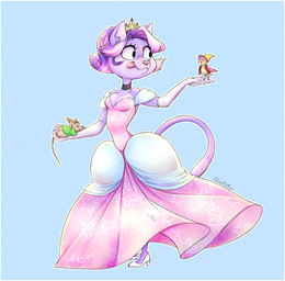 ball_gown border breasts cleavage clothed clothing collar crown dress female footwear fur gloves gown hair handwear headgear high_heels multicolored_body multicolored_fur multicolored_hair princess royalty shoes slippers tongue white_border vodkaslyme crocsushi_(copyright) dezpaws_(copyright) valerie_(character) avian bird felid mammal murid murine rat rodent hi_res source_request unavailable_at_source
