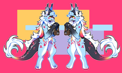 anthro blue_body blue_fur camera fluffy fluffy_tail fur horn male solo tail yellow_eyes anonymous_artist mythology eibhear madredstone canid canine dragon mammal mythological_creature mythological_scalie scalie absurd_res hi_res model_sheet