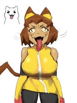 anthro brown_body brown_fur clothing female fur gloves handwear long_tongue pink_eyes pussy_tongue simple_background suit tongue tongue_out white_background yellow_clothing yellow_suit betho freaky_(meme) gameoverse glitch_productions kit_bodega domestic_cat felid feline felis mammal 3:4 hi_res meme