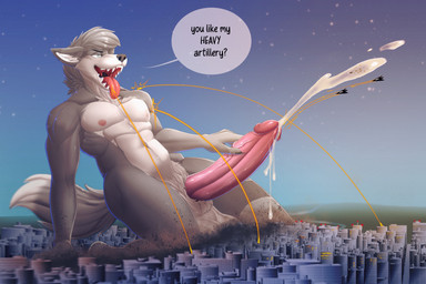 aircraft airplane anthro anti_aircraft_guns bodily_fluids city city_destruction crush crushed_vehicle cum cumshot destruction detailed_background ejaculation genital_fluids genitals hand_on_penis holding_penis jet landscape_dwarfing macro male masturbation micro outside penis river solo text vehicle vehicle_destruction vehicle_penetrated helaviskrew vesta_(wuffdestruction) canid canine canis mammal wolf english_text hi_res