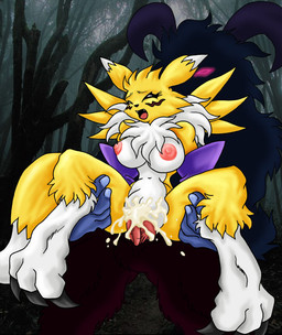 anthro armwear big_breasts bodily_fluids breasts chest_tuft claws clothing cum detailed_background duo elbow_gloves erection eyes_closed facial_markings fangs female female_penetrated forest from_behind_position fur genital_fluids genitals gloves handwear head_markings male male/female male_penetrating male_penetrating_female markings nipples nude outside penetration penile penile_penetration penis penis_in_vagina plant reverse_stand_and_carry_position sex sitting standing standing_sex straddling tail teeth tree tuft vaginal vaginal_penetration vulva wood yellow_body yellow_fur blumagik bandai_namco digimon canid canine digimon_(species) mammal renamon