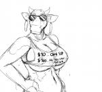 anthro bel_group big_breasts black_and_white bovid bovine breasts cattle clothing ear_piercing english_text eyewear female glasses hladilnik horn mammal mascot monochrome nipple_outline piercing prostitution shirt solo text the_laughing_cow topwear