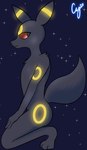 anthro bioluminescence black_body black_fur fur glowing kneeling male red_sclera solo yellow_body yellow_fur cybeeyoru nintendo pokemon umbreon_day eeveelution generation_2_pokemon pokemon_(species) umbreon hi_res