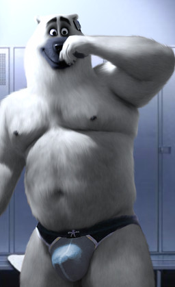 alternate_form anthro anthrofied belly bench bulge clothing fur happy locker locker_room male musclegut muscular muscular_anthro muscular_male nipples pecs pose smile solo underwear oystercatcher7 third-party_edit dreamworks madagascar_(series) the_penguins_of_madagascar corporal_(madagascar) bear mammal polar_bear ursine half-length_portrait photo_manipulation photomorph portrait