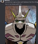 agua_con_hielo armor bandai_namco digimon digimon_(species) draw_over english_text green_eyes hi_res humanoid humor male meme omnimon solo text white_body