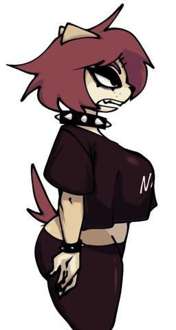 alternative_fashion anthro big_breasts black_clothing black_eyeshadow black_shirt black_topwear bottomwear bracelet breasts brown_eyebrows brown_hair brown_tail clothed clothed_anthro clothed_female clothing collar eyebrows eyelashes eyeshadow female female_anthro fingers fur hair jewelry makeup midriff narrowed_eyes open_mouth shirt side_view simple_background solo spiked_bracelet spiked_collar spikes tail tan_body tan_fur text text_on_clothing text_on_shirt text_on_topwear topwear white_background white_sclera white_text xarop77 caine_(xarop77) canid canine canis domestic_dog mammal 2024 digital_drawing_(artwork) digital_media_(artwork)