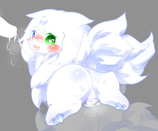 after_oral blue_eyes blush bodily_fluids butt cum cum_in_mouth cum_in_vagina cum_inside cum_string duo female floppy_ears fur genital_fluids genitals glistening glistening_body glistening_fur green_eyes grey_background heterochromia kemono male penis semi-anthro simple_background smile white_body white_fur deaic canid canine mammal 2016 shaded