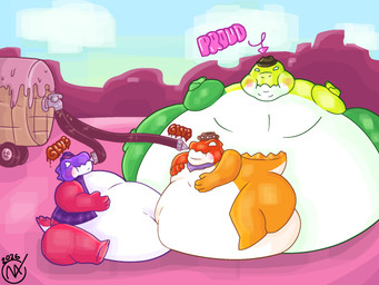 abdominal_bulge anthro belly belly_expansion belly_inflation candy dessert expansion feeding_tube food group gummy_(food) immobile inflation male medical_instrument obese overweight overweight_male scientific_instrument syrup trio tube_feeding vinny_fatfur weight_gain glitch_productions the_amazing_digital_circus chad_(tadc) gummigoo_(tadc) max_(tadc) alligator alligatorid crocodilian reptile scalie 4:3 hi_res