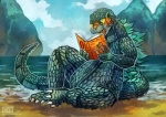 ambiguous_gender anthro beach biped blush book cloud detailed_background holding_book holding_object outside parody reading romance_novel sand sea seaside sitting sky solo tail water haychel godzilla_(series) toho godzilla kaiju reptile scalie digital_media_(artwork) digital_painting_(artwork)