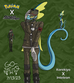 anthro armband clothing green_clothing hand_on_head hat headgear headwear long_tail male mask military_uniform solo tail uniform go-two danganronpa danganronpa_v3 nintendo pokemon spike_chunsoft korekiyo_shinguji chameleon generation_8_pokemon inteleon lizard pokemon_(species) reptile scalie absurd_res hi_res