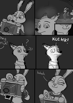 anthro camera camera_flash clothed clothing dark dialogue drawing_attention duo eyes_closed female furniture giggle long_ears male name_drop name_in_dialogue police police_uniform smile sound_effects table talking_to_another text uniform vowelless vowelless_sound_effect zalgo_(artist) disney zootopia judy_hopps nick_wilde canid canine fox lagomorph leporid mammal rabbit red_fox true_fox 2016 comic english_text greyscale hi_res monochrome
