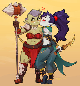 4_fingers 5_fingers abs big_breasts blush breasts clothed clothing dagger duo ear_piercing eyebrow_piercing facial_piercing female female/female fingers green_body green_eyes green_skin hair heart_symbol humanoid_on_humanoid humanoid_pointy_ears interspecies jewelry kissing_cheek knife maul melee_weapon navel necklace noseless not_furry notched_ear piercing pointy_ears ponytail purple_hair red_eyes shortstack skimpy small_breasts tusks weapon white_body white_skin croxot krix_(croxot) dwarf goblin humanoid hybrid orc