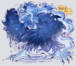 anthro beak blue_beak blue_body blue_feathers blue_hair bottomwear claws clothed clothing feathers feet female fully_clothed hair long_hair melting neck_tuft open_beak open_mouth pants scuted_legs scutes simple_background small_waist solo sparkles standing star talons text toe_claws toes torn_bottomwear torn_clothing torn_pants tuft wings wounded dim_off undertale_yellow martlet_(zenith_form) avian bird monster 2026 english_text hi_res