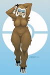 2016 3_toes anthro anthrofied barefoot big_breasts biped blue_background blue_body blue_skin breasts brown_body brown_fur crotch_tuft croxot curvy_figure feet female fluffy fur generation_4_pokemon half-closed_eyes hands_behind_head mammal mamoswine narrowed_eyes naturally_censored navel nintendo nipple_tuft nude plantigrade pokemon pokemon_(species) pose proboscidean simple_background solo tan_body tan_skin thick_thighs toes tuft tusks voluptuous wide_hips